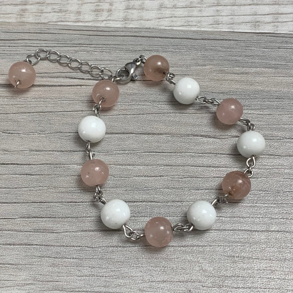 Handmade Beaded Link Bracelet Pink Peach White Round Beads Silver Tone 6-7.5"